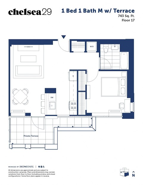 Floor plan for 1 bed, 1 bath, 743 sqft